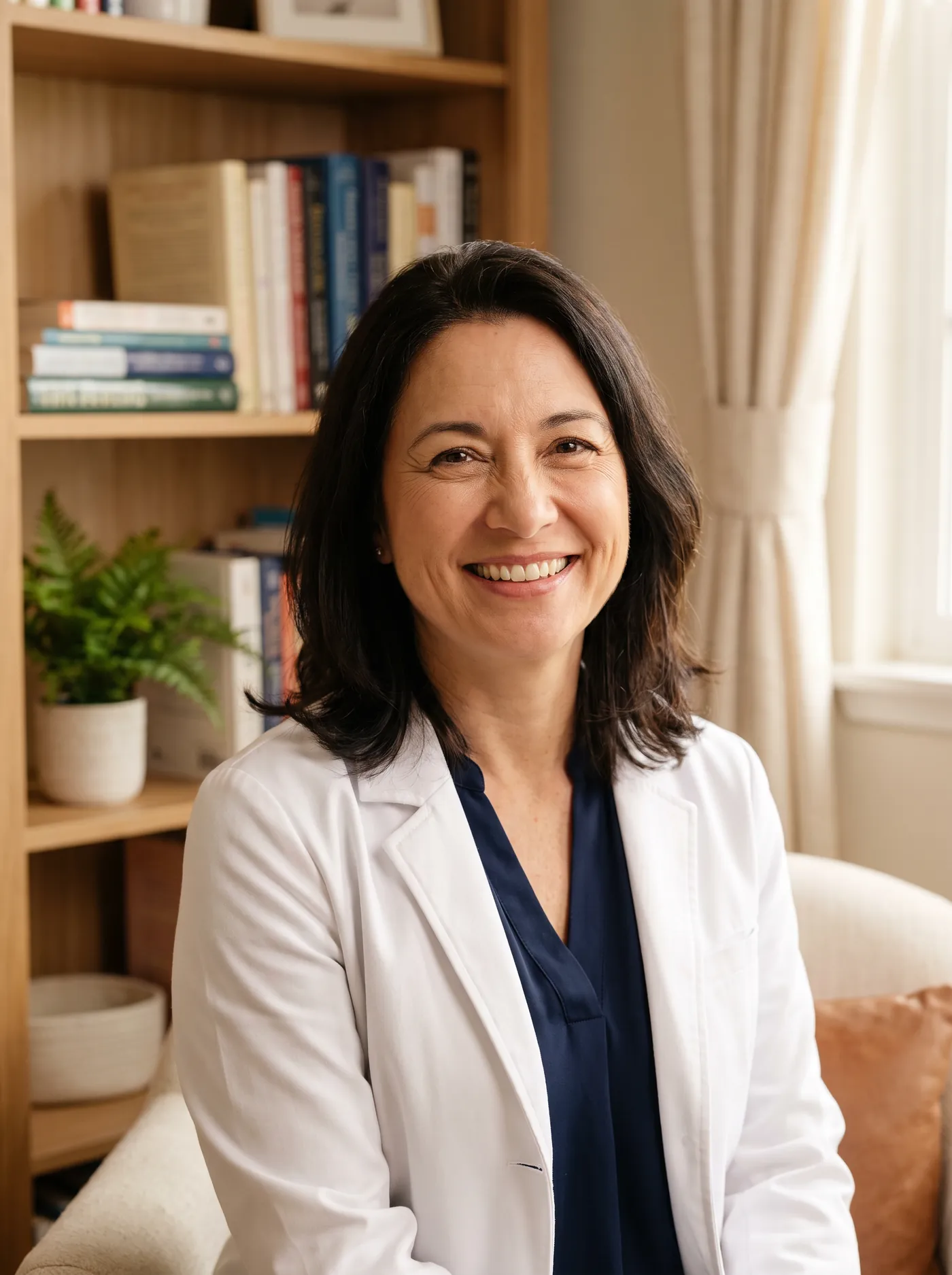 Founding physician assistant of ClearSolutions Longevity in a white coat, warm home-office setting